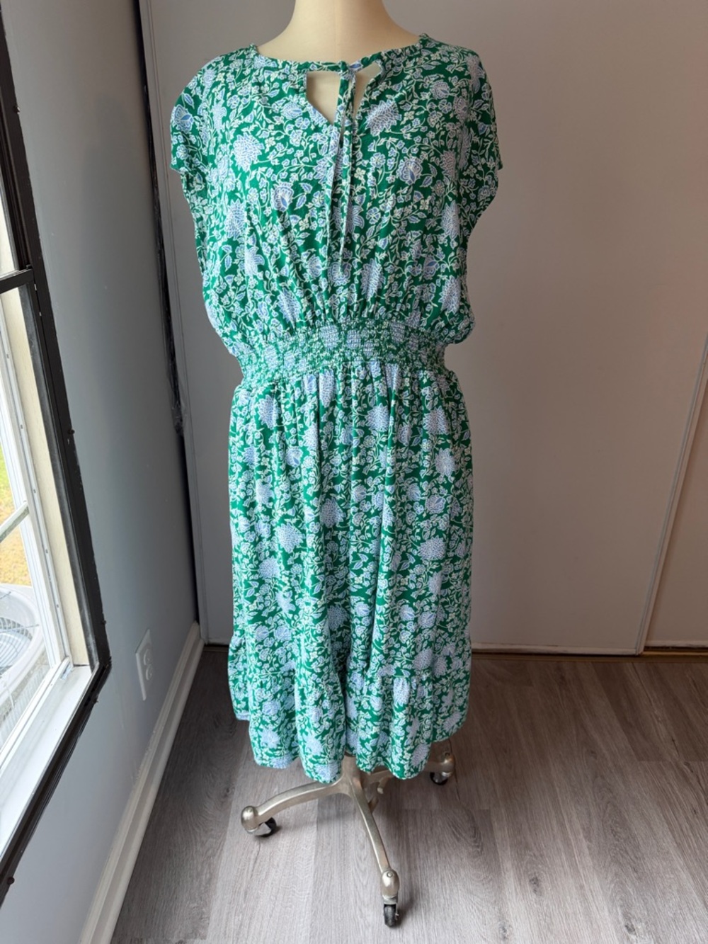 Green Floral Smocked Waist Midi Dress XXL
